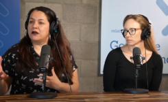 Vannessa Ruiz and Kristin Conti sitting in front of microphones in a podcast studio.